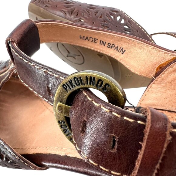 Pikolinos Floral Cutout T-Strap Heels Brown Leather Size 38 EU 7.5-8 US - Picture 7 of 13